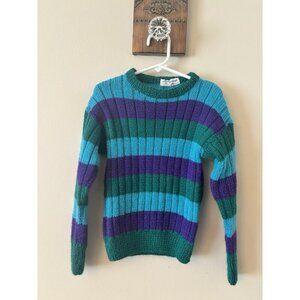 Vintage Boys Handmade Hand Knit Striped Sweater Green Blue Purple